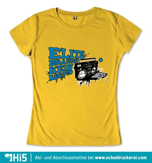 Illustration eines Radios mit Gesicht auf gelbem T-Shirt, Text 'Elite braucht kein Motto', Jahreszahl 2012.