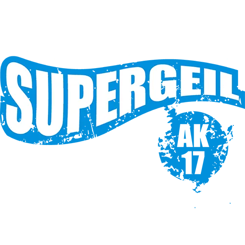 Blauer Text "SUPERGEIL" mit "AK 17" und Slogan auf schwarzem Hintergrund.