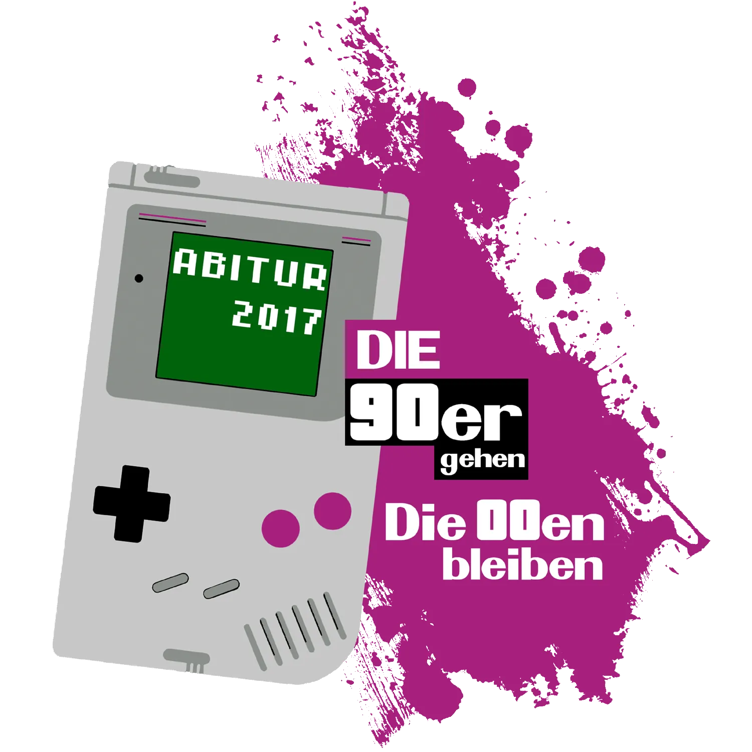 Grafik eines Retro-Handheld-Spielgeräts mit "Abitur 2017" auf dem Bildschirm, umgeben von pinkem Farbspritzer.