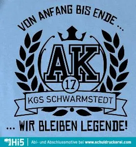 Logo mit Text "Von Anfang bis Ende" und "Wir bleiben Legende!", Initialen "AK" und Nummer 17, Lorbeerkranz und Banner "KGS Schwarmstedt".