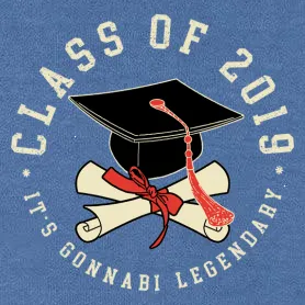 Illustration eines Doktorhuts und zwei überkreuzten Diplomrollen auf blauem Hintergrund, Text "Class of 2019".