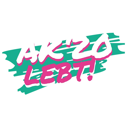 Grafisches Logo mit der Aufschrift "AKZO LEBT" in zerklüftetem Schriftzug, rosa auf grünem Grund.