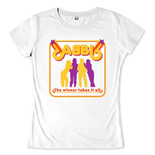 Abstrakte Darstellung von vier Personen mit der Aufschrift 'ABBA' und 'The winner takes it all' auf einem grafischen Design.
