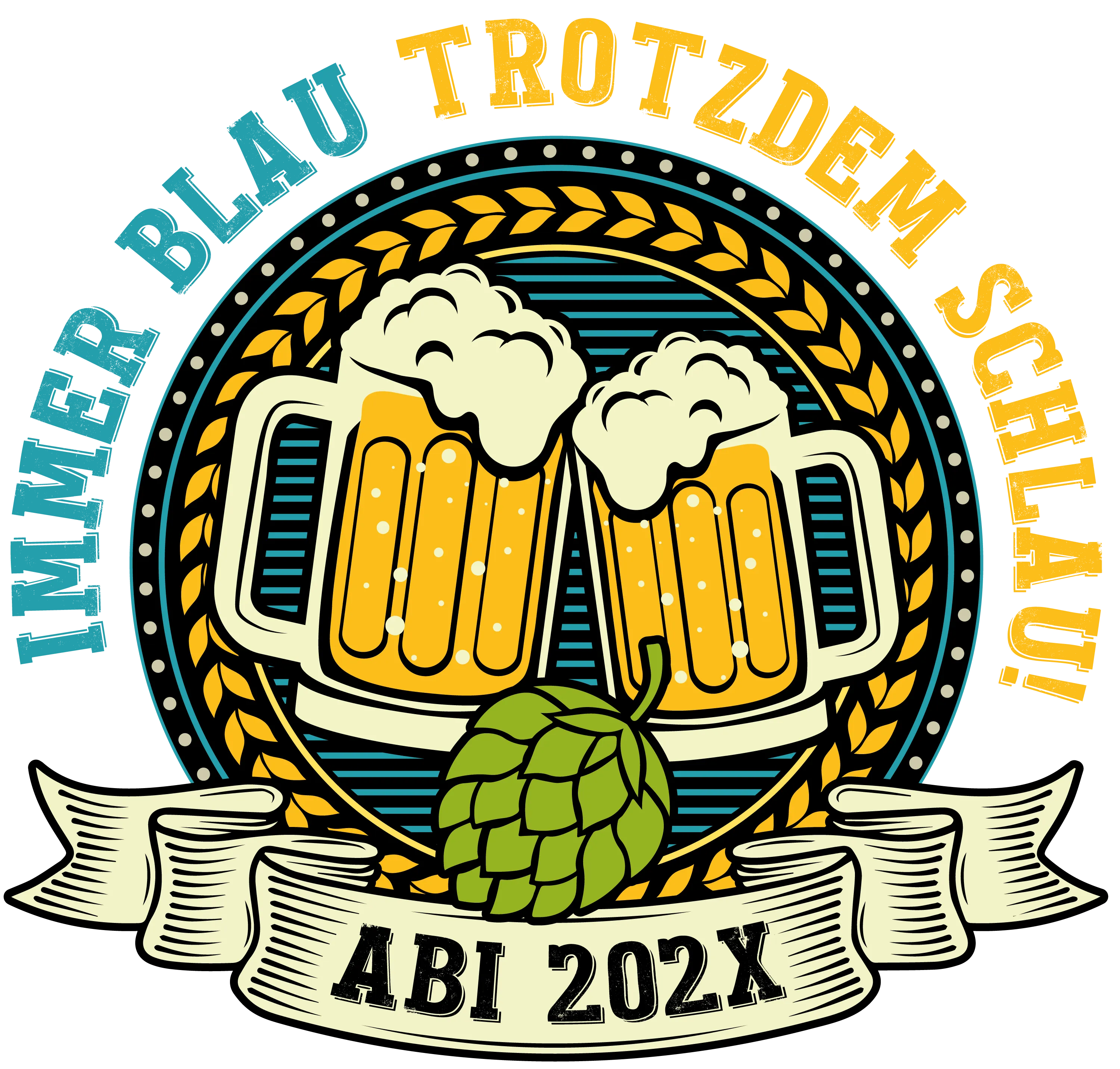 Two clinking frothy beer mugs in circular barley wreath with a hop cone below and ribbon with text ABI 202X and arc text IMMER BLAU TROTZDEM SCHLAU