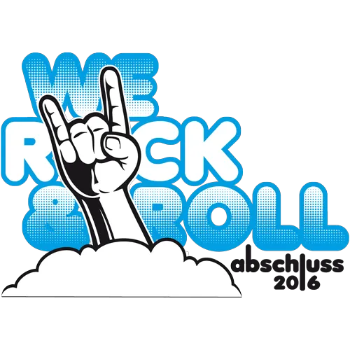 Illustration einer Hand in Rock-and-Roll-Geste, "WE ROCK & ROLL Abschluss 2016" Text auf blauem Hintergrund.