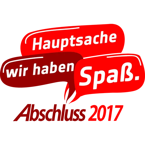 Graues T-Shirt mit roten Sprechblasen, die "Hauptsache wir haben Spaß. Abschluss 2017" sagen.