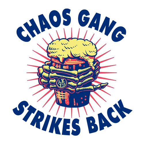 Grafisches Logo mit einem Cheeseburger, umgeben von roten Strahlen und Text "Chaos Gang Strikes Back".