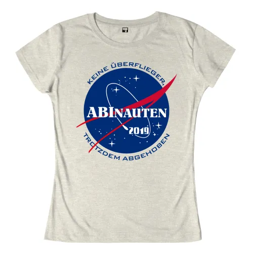 Rundes Logo mit Text "Abinauten 2019", "Keine Überflieger", "Trotzdem abgehoben" und Sternenmuster.