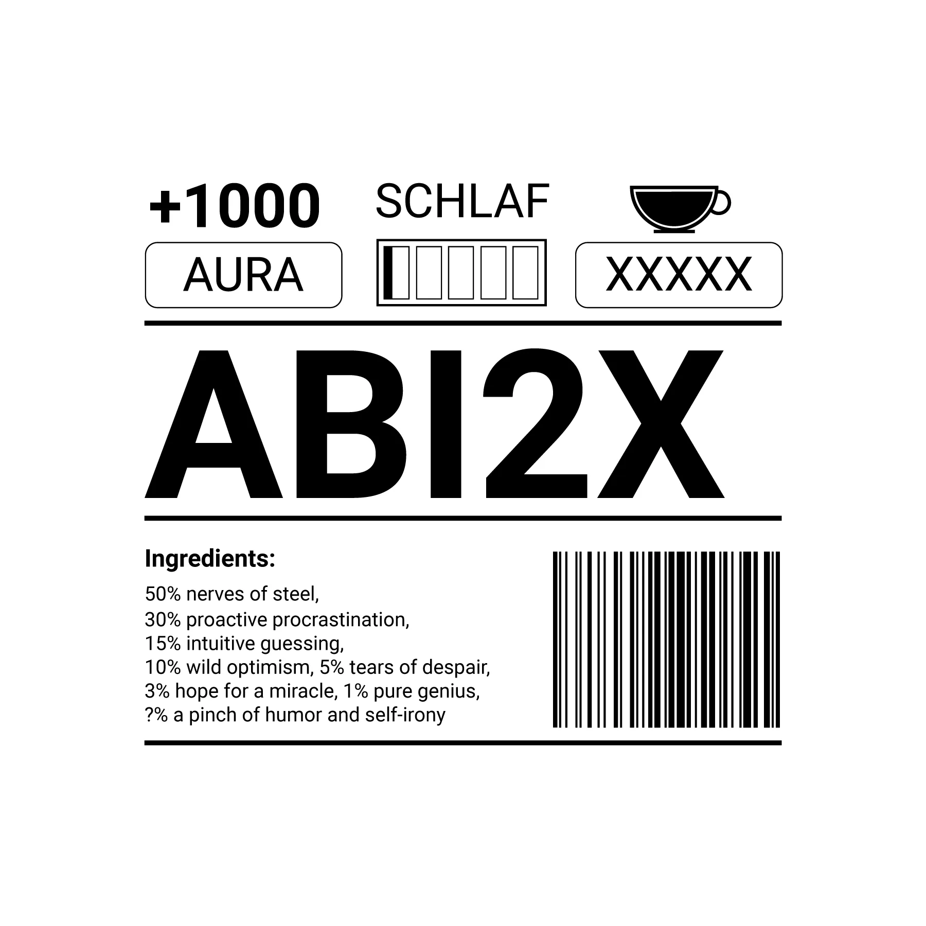 Etikett Grafik mit grossem Schriftzug ABI2X, Icons fuer Aura Schlafmeter und Kaffeetasse, Zutatenliste von Studienzutaten und Barcode