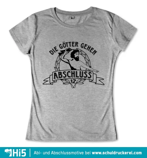 Graues T-Shirt mit Illustration und Text "Die Götter gehen Abi - Abschluss 12" in Schwarz und Weiß.