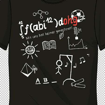 Schwarzes T-Shirt mit weißen Zeichnungen und Texten, die das Abitur symbolisieren, darunter Bücher, ein Fußball und Musiknoten.