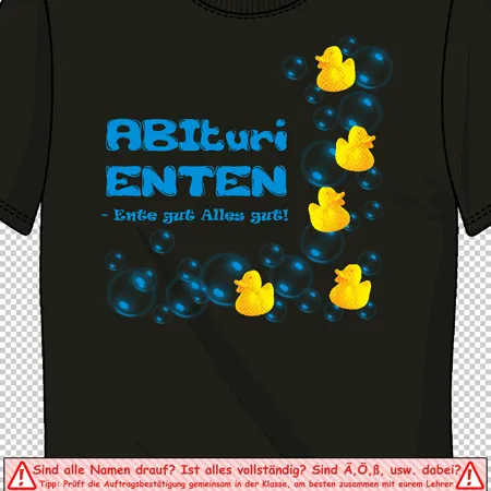 Schwarzes T-Shirt mit gelben Enten und blauen Blasen, Text "AbituriENTEN - Ente gut Alles gut!"