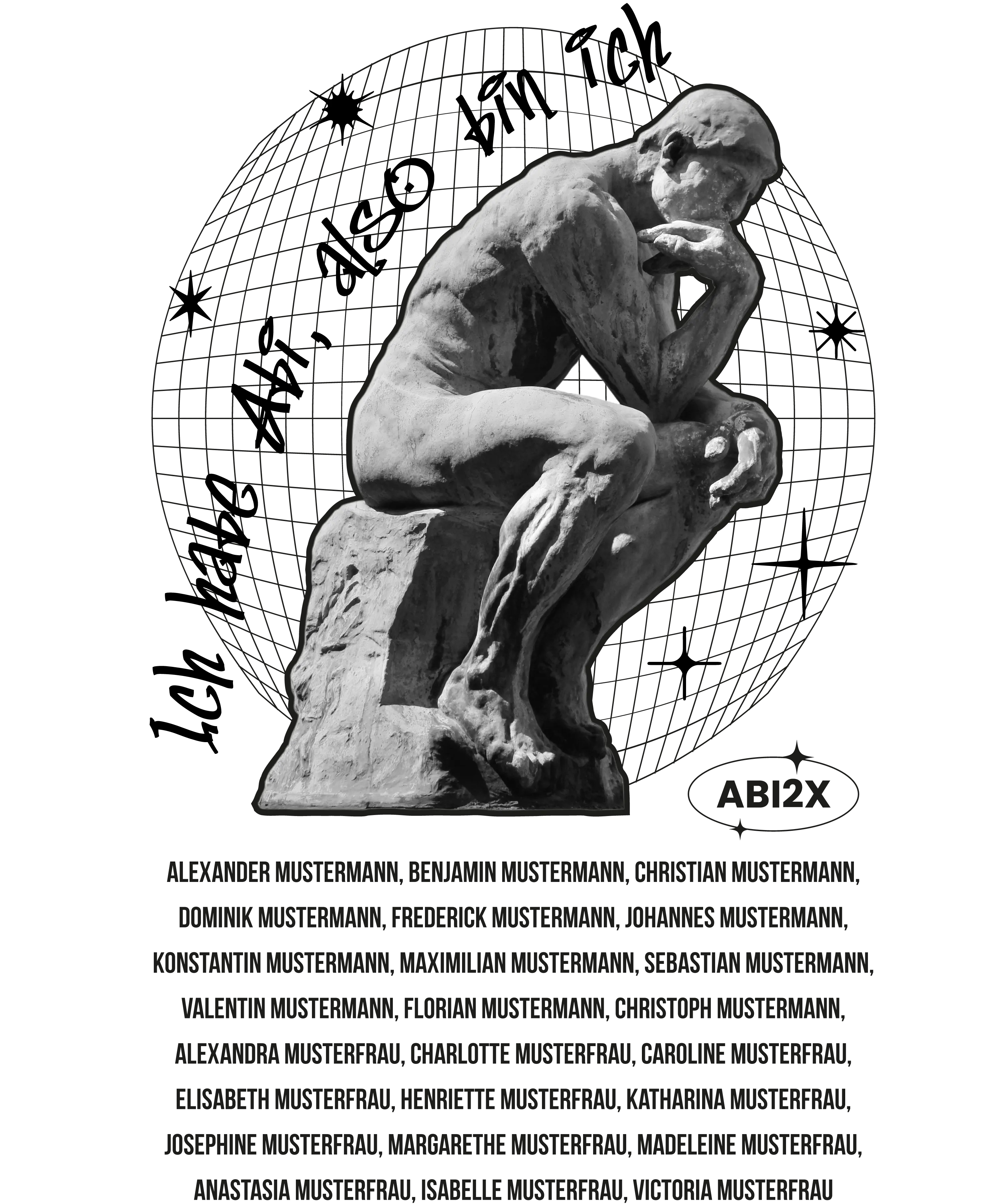 Graue Skulptur Der Denker vor Drahtgitterkugel auf schwarzem Hintergrund darunter Namensliste und ABEX Logo