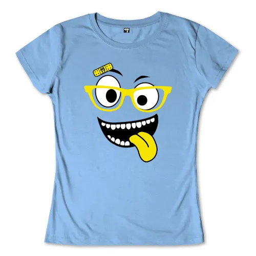 Cartoon-Gesicht mit großen Augen, gelber Brille und Pflaster auf blauem Hintergrund.