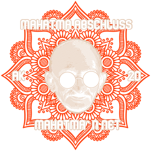 Grafisches Mandala-Design mit einem zentralen Porträt von Mahatma Gandhi in Weiß auf orange Hintergrund.