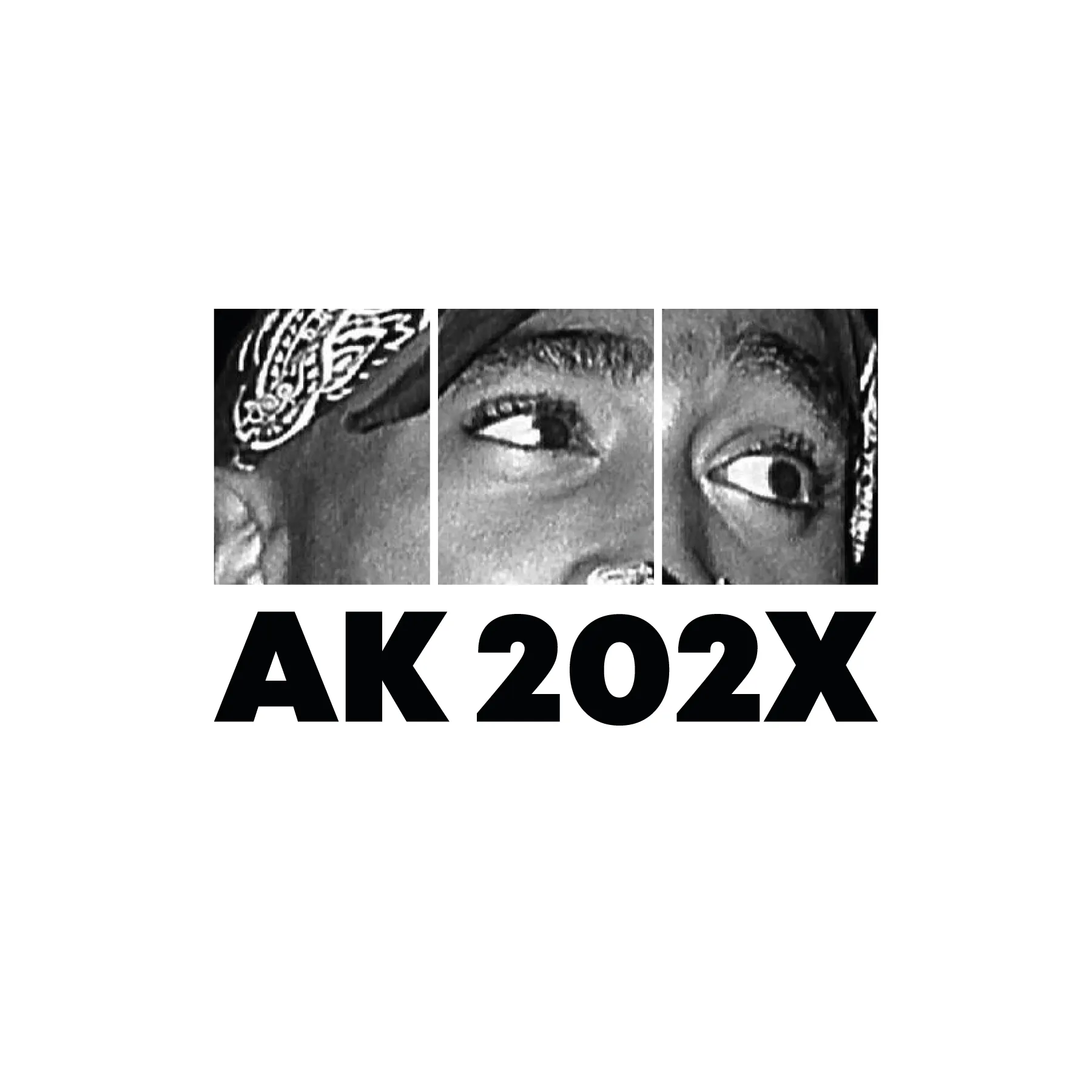 Schwarz weiss dreigeteiltes Portraet zeigt Augen eines jungen Mannes mit Bandana darueber Text AK 202X