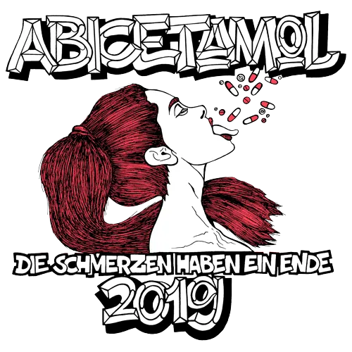Frauenprofil mit roten Pillen aus dem Mund, Text "ABICETAMOL Die Schmerzen haben ein Ende 2019".