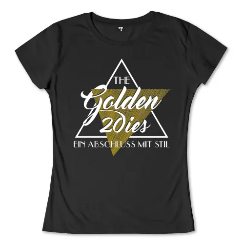 Schwarzes Design mit einem weißen Dreieck, goldener Text 'The Golden 20ies' und 'Ein Abschluss mit Stil'.