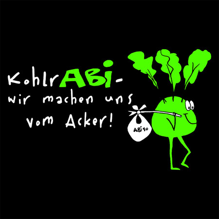 Illustration eines grünen Kohlrabis mit Gesicht, der läuft. Text: "KohlrABI - wir machen uns vom Acker!"