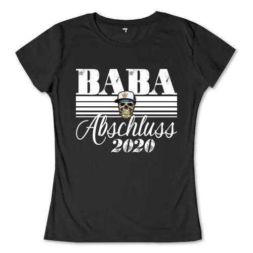 Grafik auf einem Shirt mit einem Totenkopf, der eine Kapitänsmütze trägt, umgeben von den Worten "BABA Abschluss 2020".
