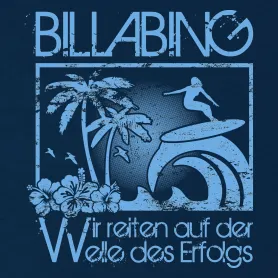 Schwarzer Text „BILLABINO“ und Slogan „Wir reiten auf der Welle des Erfolgs“ auf texturiertem Hintergrund
