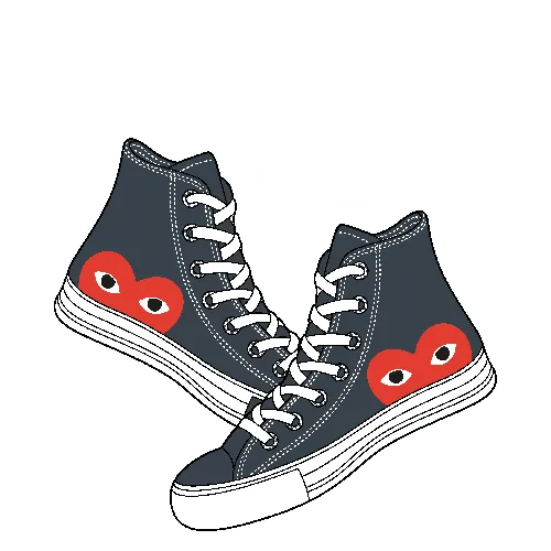 Zwei graue Sneaker mit roten Herzaugen auf schwarzem Hintergrund, über Text "I CAN DO ANYTHING RIGHT WITH THE SHOES".
