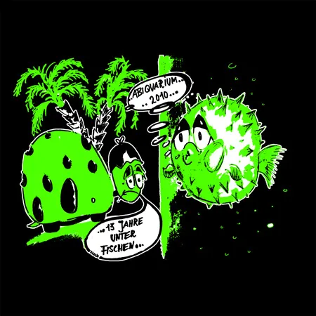 comic_stil_pufferfisch_und_taucher Abiquarium 2010 13 Jahre unter Fischen design