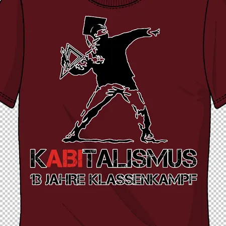 Rotes T-Shirt mit weißer Grafik eines Mannes in Kampfpose und Text "KAPITALISMUS 13 JAHRE KLASSENKAMPF".
