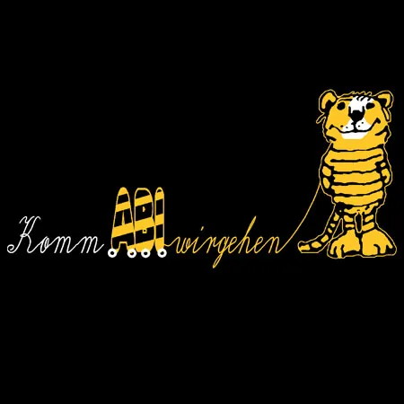 Gelber Tiger auf Schlittschuhen neben "Komm, wir gehen" Schriftzug auf schwarzem Hintergrund.
