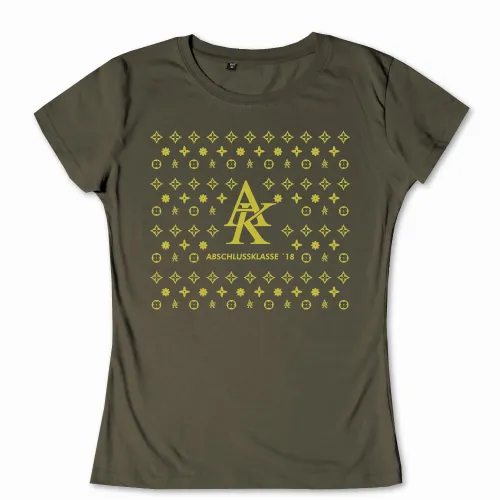 Schwarzes Muster aus Blumen und Symbolen mit großem "AK" und "ABSCHLUSSKLASSE '18" in der Mitte.