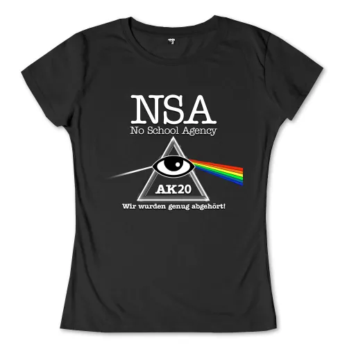 Schwarzes T-Shirt-Design mit NSA-Logo, Auge im Dreieck, Regenbogenstrahl und Text "Wir wurden genug abgehört!".