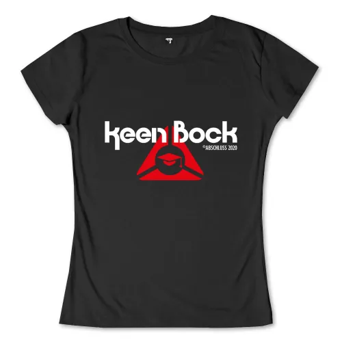 Schwarzes T-Shirt mit rotem Dreieck-Logo, Kappe und Schriftzug "Keen Bock Abschluss 2020".
