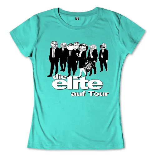 Gruppe von Menschen in Anzügen mit Meme-Gesichtern auf blauem Hintergrund, Text unten sagt "die elite auf tour".