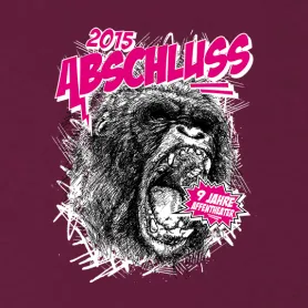 Ein dunkler, grafische Darstellung eines brüllenden Gorillas, mit den Worten "2015 Abschluss" und "9 Jahre" auf einem purpurroten Hintergrund.