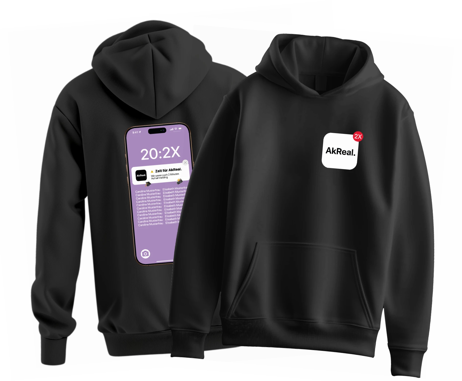 Zwei schwarze Hoodies vorne AkReal Applogo mit rotem 2X Badge hinten Smartphonebildschirm mit lila Hintergrund und Zeit 20 2X