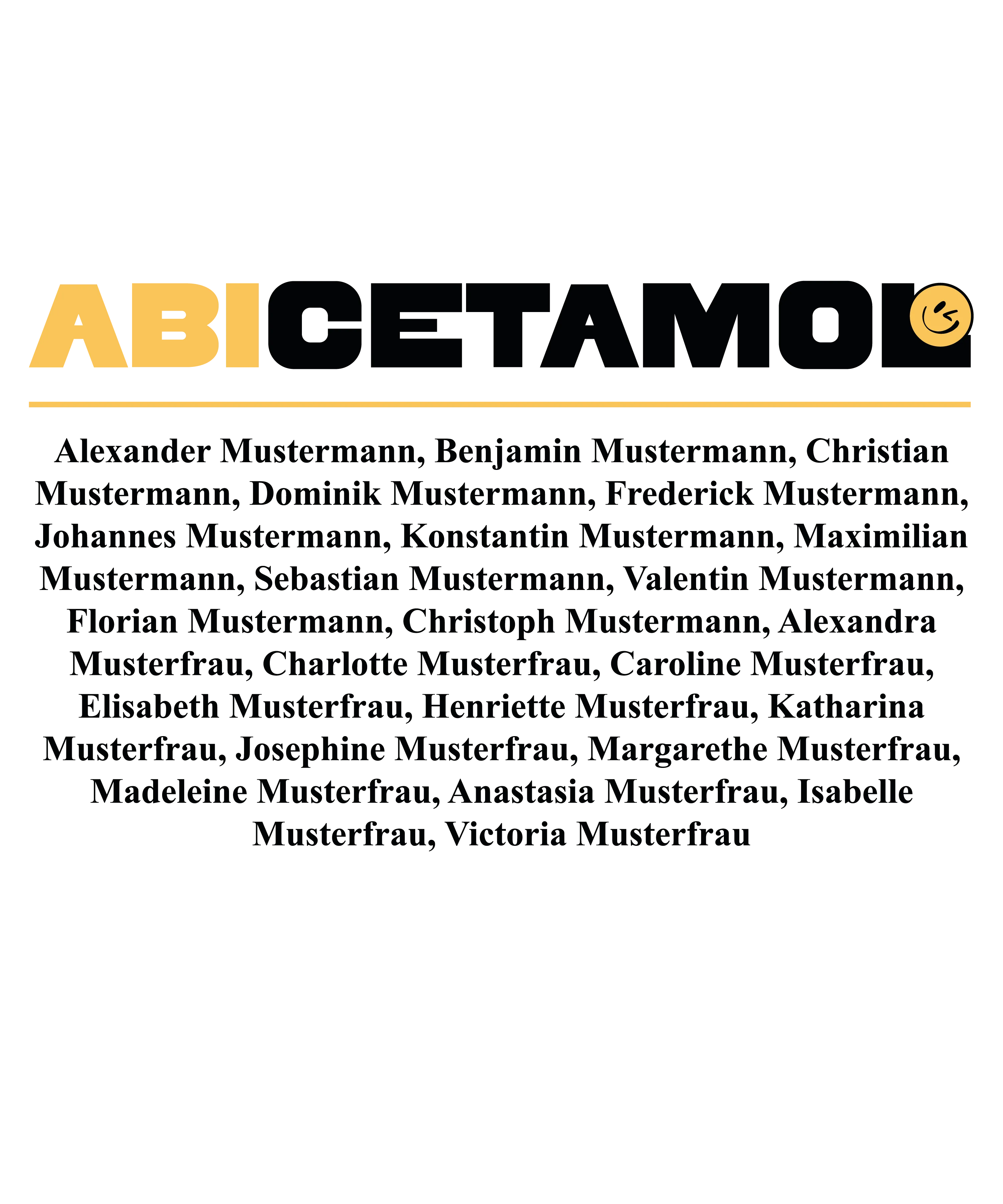 Logo AbiCetamol in gelber und schwarzer Schrift mit gelbem Smiley und darunter Liste fiktiver Namen Mustermann