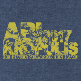 Grafische Darstellung der Wörter "ABYSS 2017 KRÖPOLIS" und des Satzes "Die Götter verlassen den Olymp", vermischt mit Gesichtern im Stil alter Skulpturen.