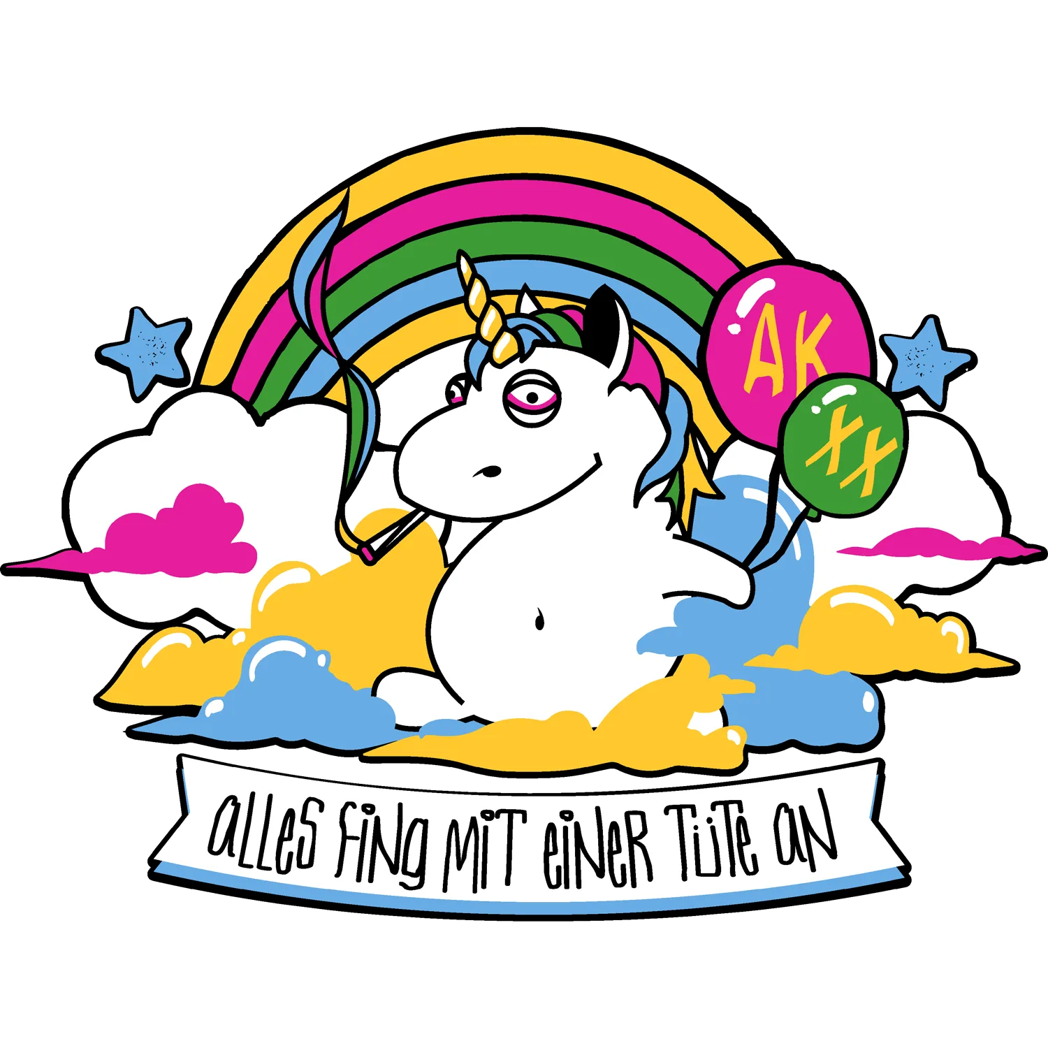 Ein Einhorn, das auf Wolken sitzt, hält drei bunte Luftballons unter einem Regenbogen.