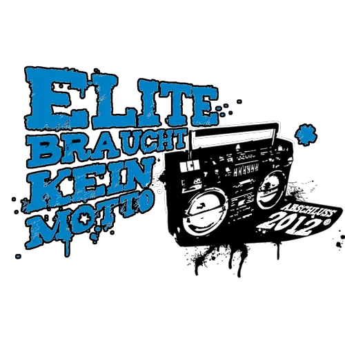 Illustration eines Radios mit Gesicht auf gelbem T-Shirt, Text 'Elite braucht kein Motto', Jahreszahl 2012.