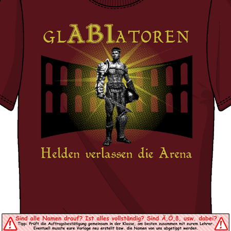 T-Shirt mit Gladiator-Design, Schriftzug 'GLADIATOREN' und 'Helden verlassen die Arena' auf rot.