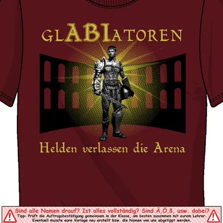 T-Shirt mit Gladiator-Design, Schriftzug 'GLADIATOREN' und 'Helden verlassen die Arena' auf rot.