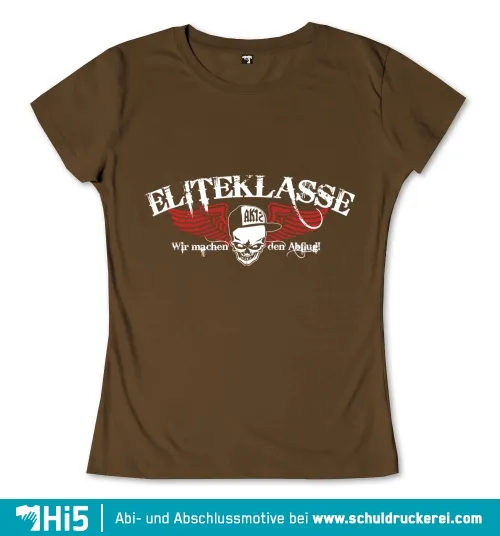 Design eines braunen Shirts mit weiß-rotem "Eliteklasse AK12" Text, Schädelgrafik und Spruch "Wir machen nach dem Abi flug!"