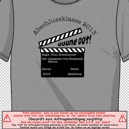 Graues T-Shirt mit Aufdruck "Abschlussklasse 2013" und Filmklappe.