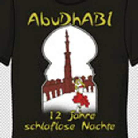 Schwarzes T-Shirt mit Aufdruck eines Schlüssellochs, darin eine rote Silhouette von Abu Dhabi und einen tanzenden Frosch.