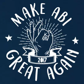 Grafik einer erhobenen Faust umgeben von Strahlen, Sternen und dem Schriftzug "Make Abi Great Again 2017".