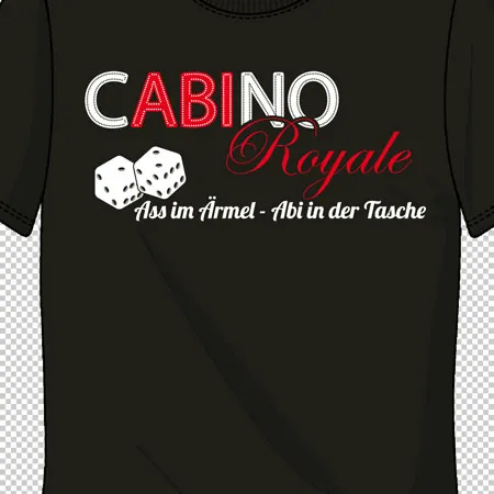 Schwarzes T-Shirt mit "CABINO Royale" und Würfeln sowie dem Text "Ass im Ärmel - Abi in der Tasche".