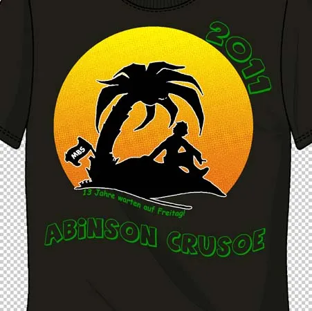 T-Shirt mit Sonnenuntergang, Palme und Silhouette einer Person, Text "Abinson Crusoe - 13 Jahre warten auf Freitag".