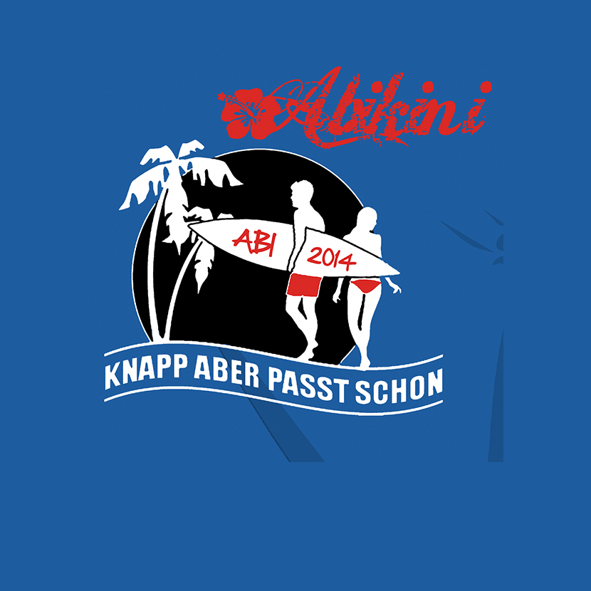 Zwei Personen mit Surfbrettern auf einer gezeichneten Weltkugel, Text "ABI 2014", Palmen im Hintergrund.