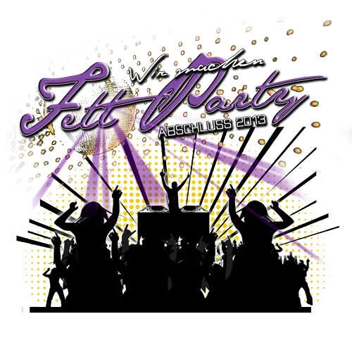 Silhouetten von Menschen feiern auf einer "Fett Party Abschluss 2013" Grafik mit bunten Lichtern.