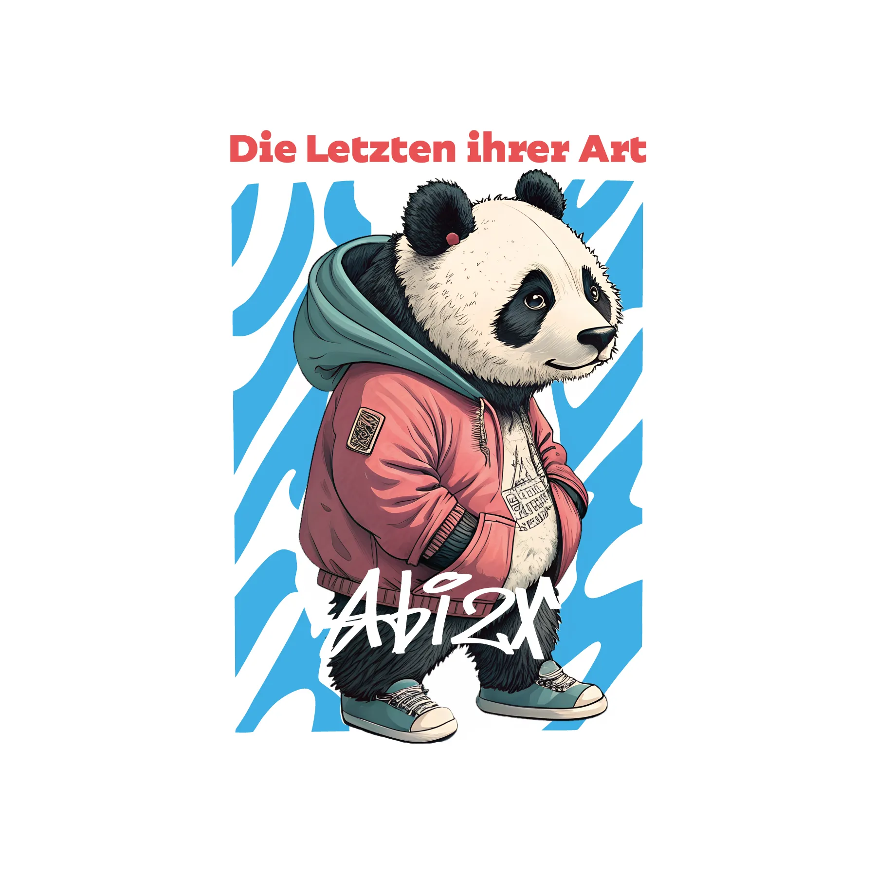 Panda in roter Bomberjacke mit gruener Kapuze und Schuhen vor blauweissem Wellenmuster mit Schriftzug Die Letzten ihrer Art oben